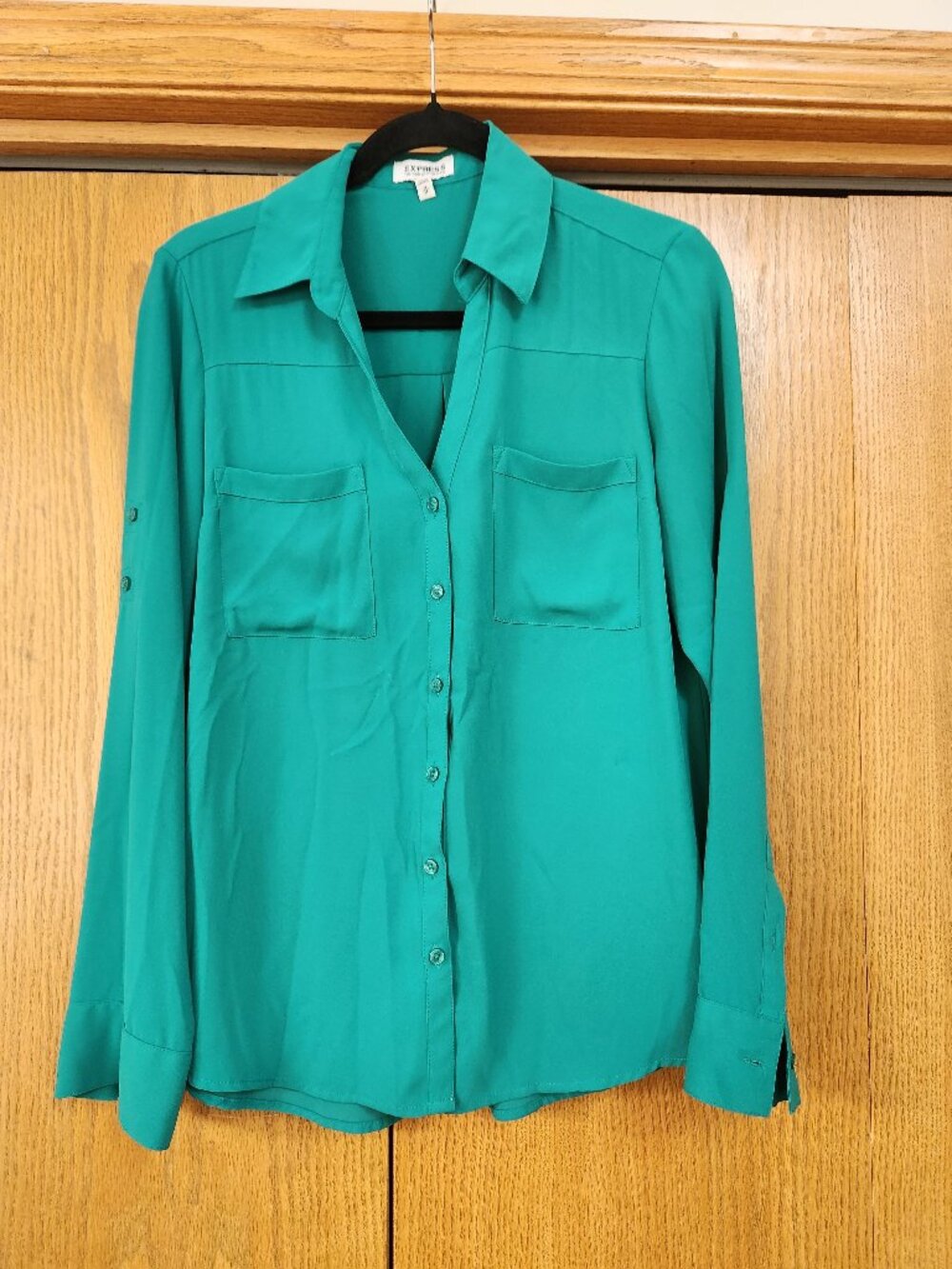Express Portofino Shirt Size M Green Georgette Button Up Long Sleeve Blouse